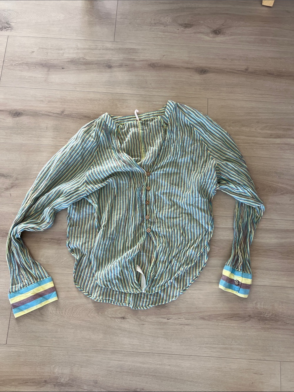Free people Striped Button-Front Long Sleeve Top in Blue-Green lightweight